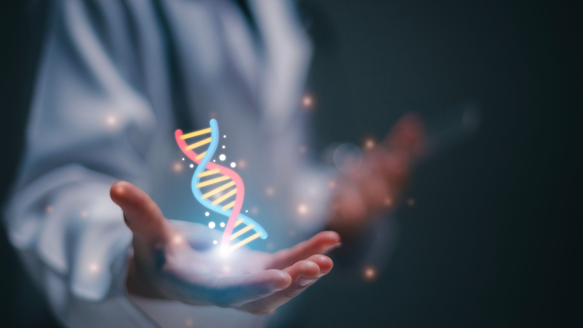 Medical technology, and futuristic concept. Medicine doctor holding blue helix DNA structure on hologram modern virtual screen interface and diagnose healthcare on digital network, Science.