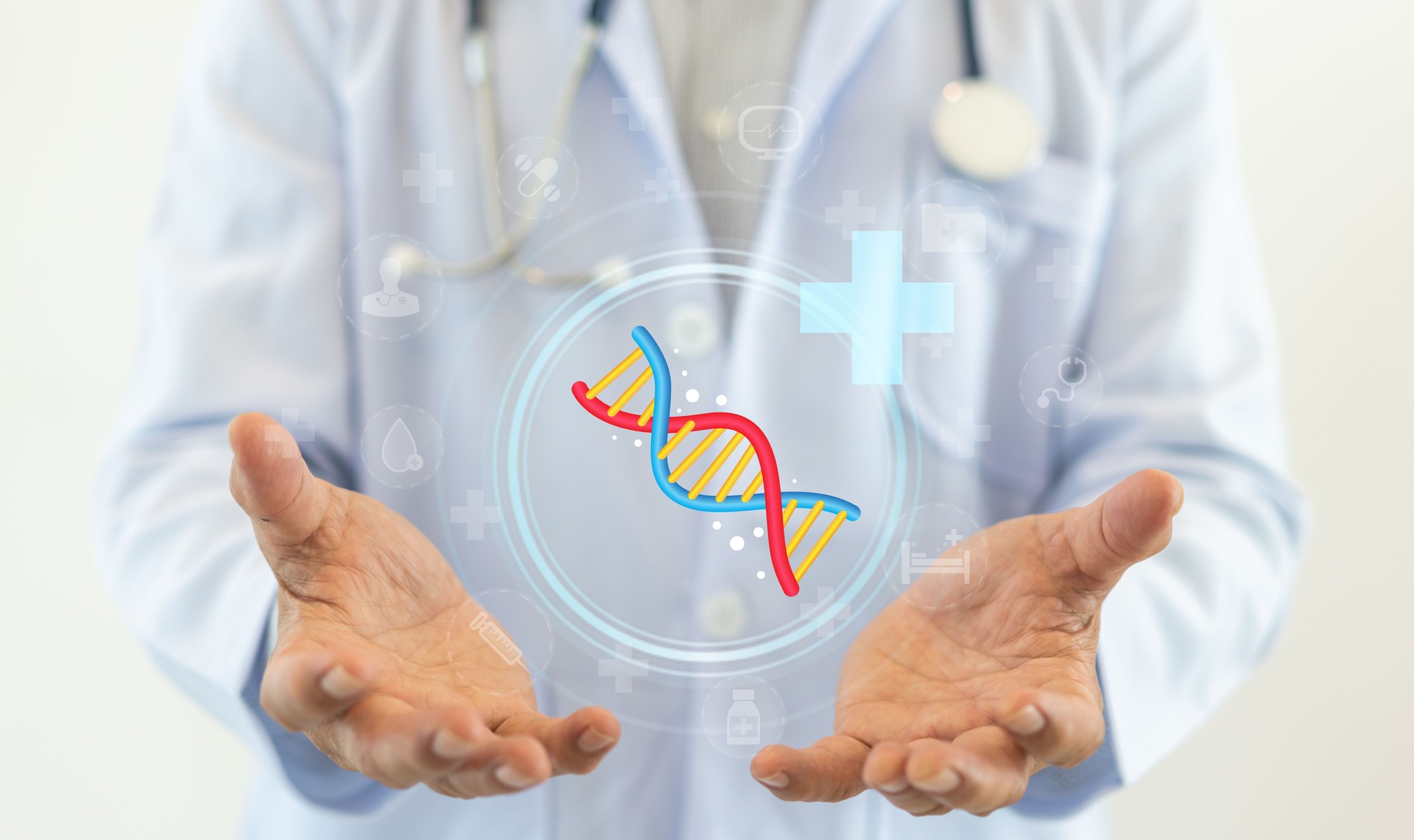 Doctor in a white coat with a stethoscope holds with virtual icon of a DNA helix, genetics in modern medical science and integration of digital technology in healthcare and medical, genetic research